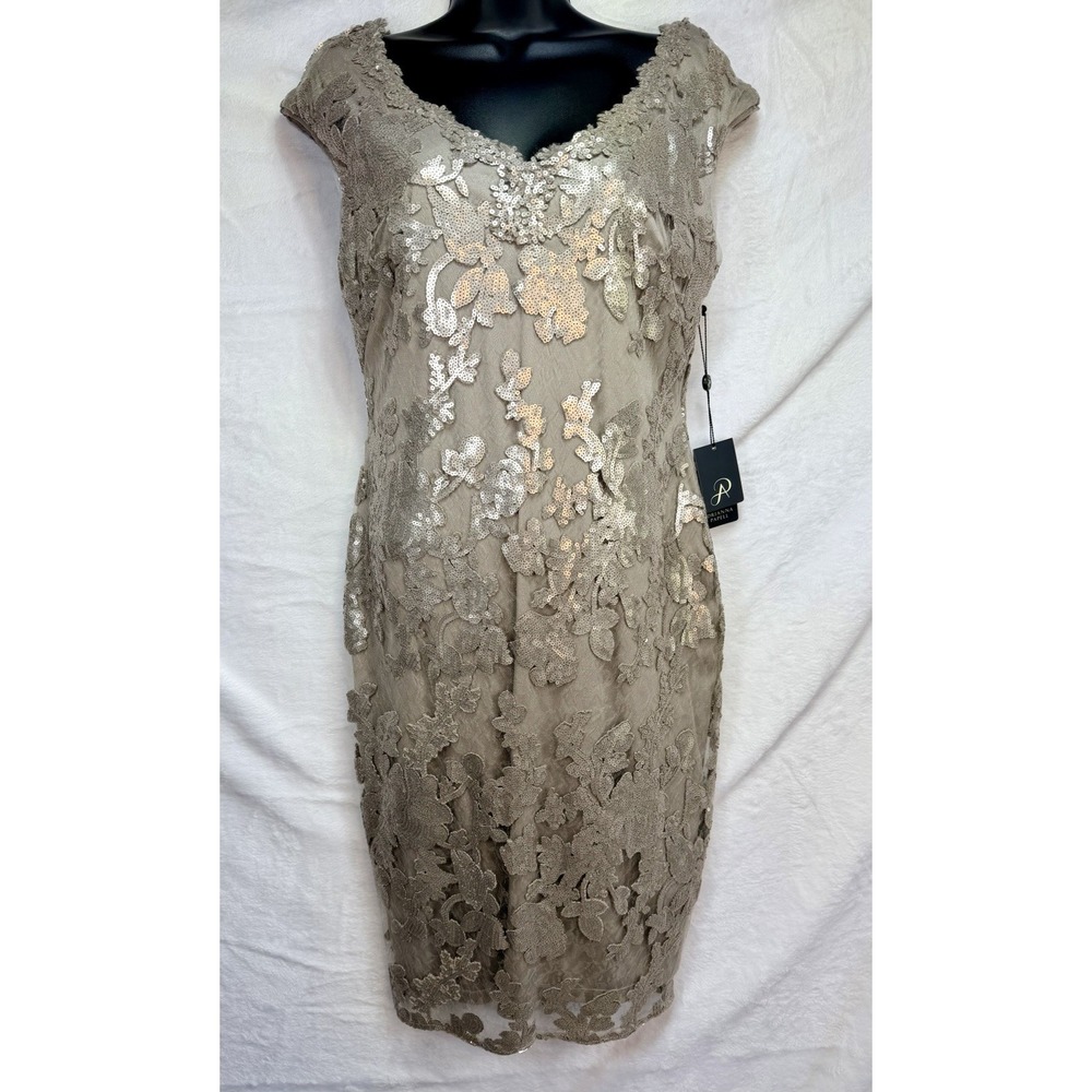Adrianna Papell Women's Sequined Gray Mink Cap Sleeve Formal Gown Dress Sz 8